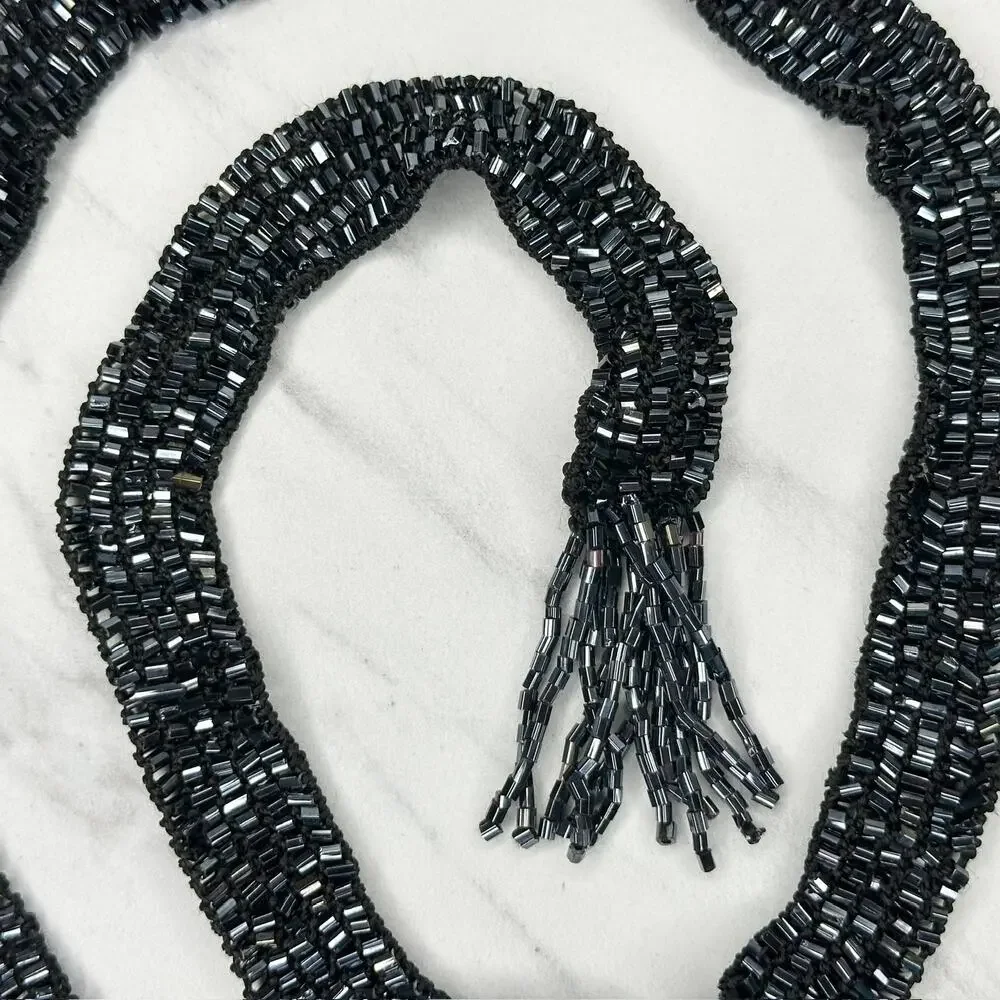 Black Beaded Tie Belt Fringe Tassel OS ✨